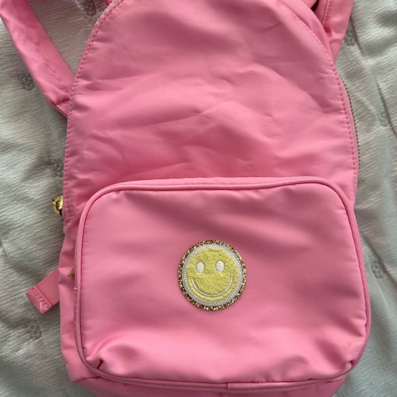 Stoney Clover Lane Mini Backpack Bubblegum Pink w/Yellow Smiley Face Patch EUC - Picture 1 of 9